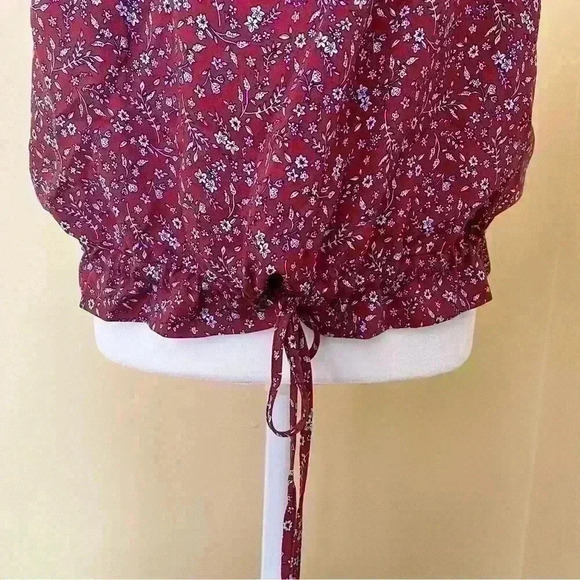 NWT Hem & Thread Rayon Maroon Floral Ruffle Cinch Waist Sleeveless Top Size M - Picture 5 of 14